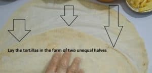 Lay the tortillas in the form of two unequal halves