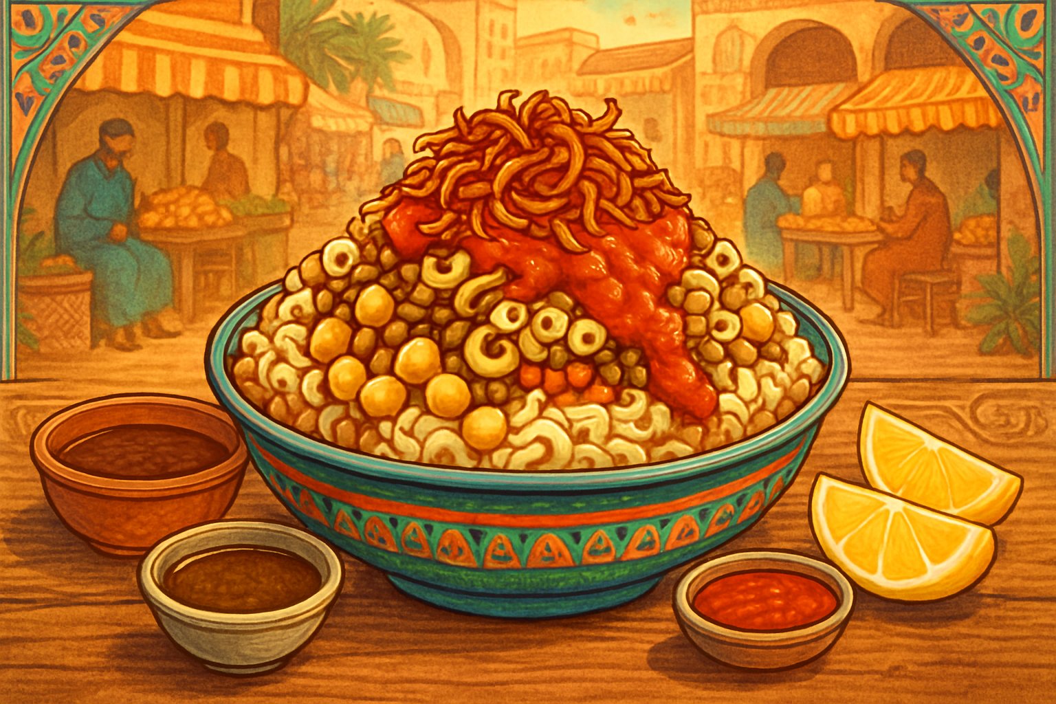A colorful serving of Koshari with rice, lentils, chickpeas, macaroni, and fried onions on a wooden table, surrounded by sauces and lemon wedges, set in a busy Egyptian street market.