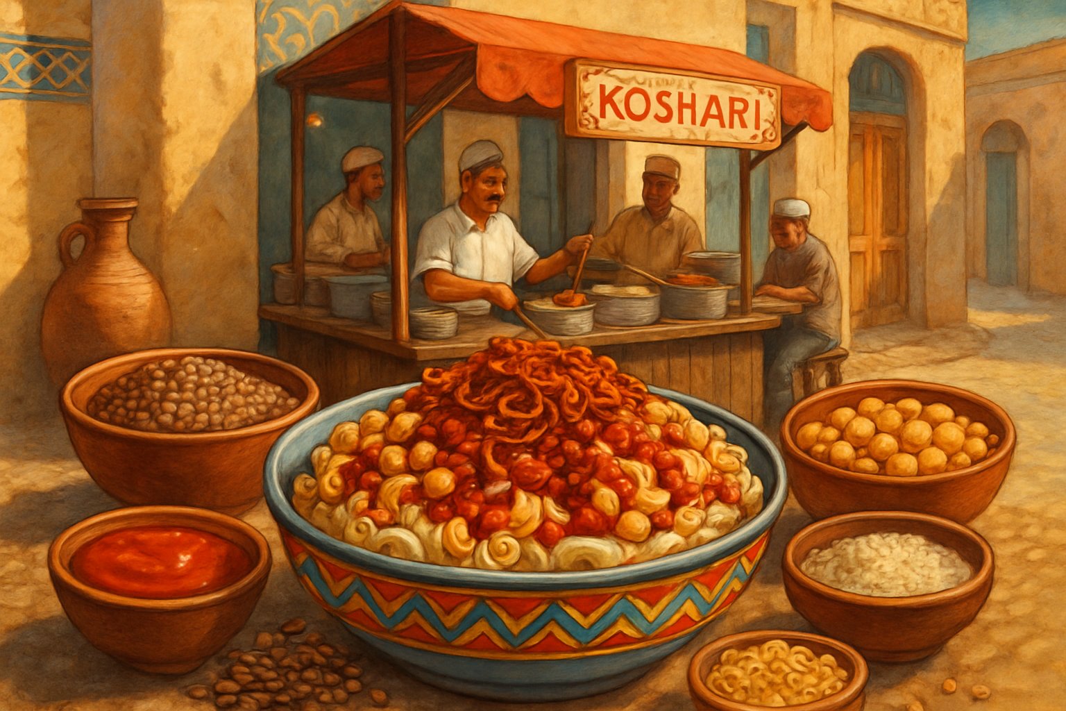 A bowl of Koshari with rice, lentils, chickpeas, pasta, tomato sauce, and fried onions on a table at an Egyptian street food stall.