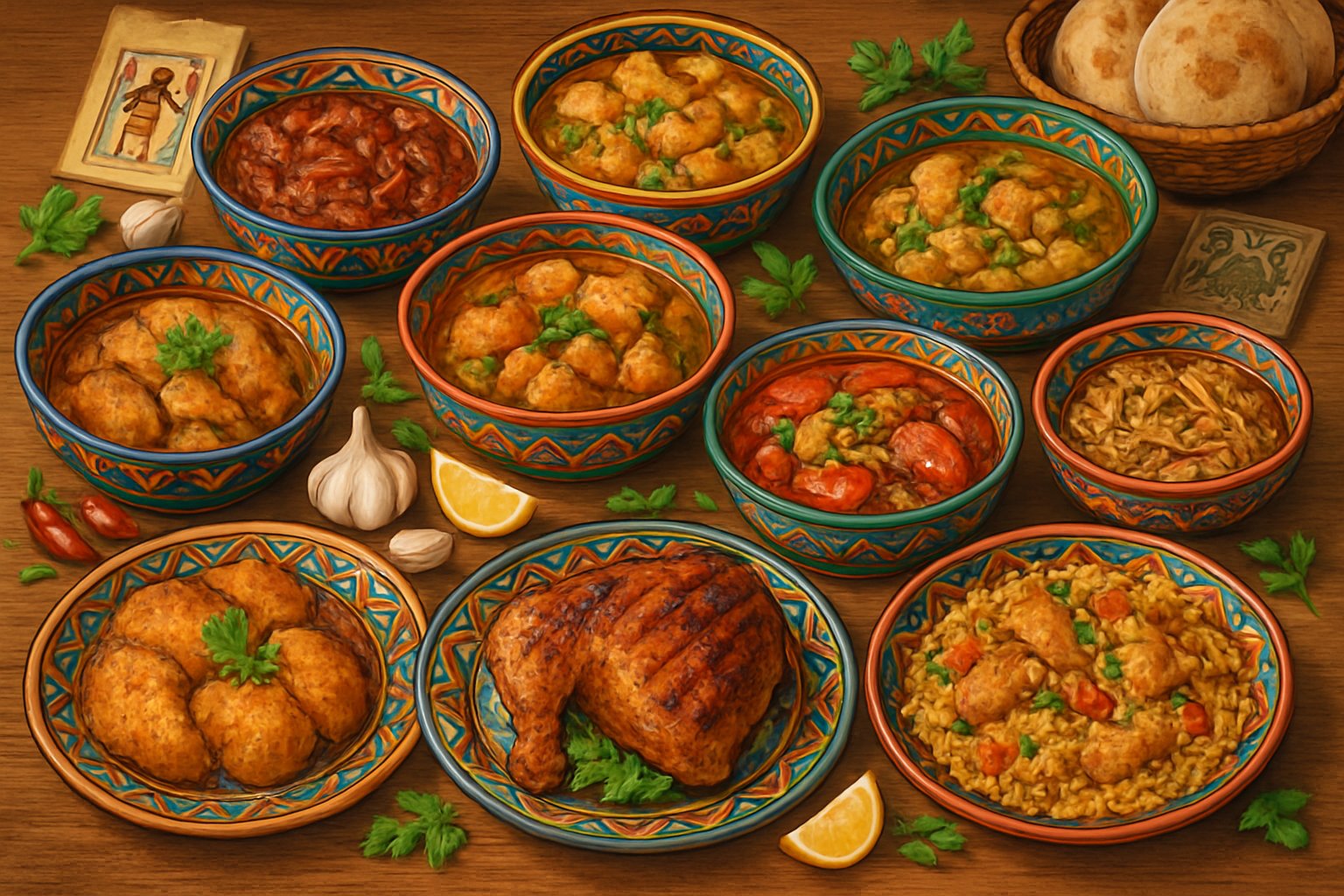 A table displaying ten different Egyptian chicken dishes with various spices, herbs, and traditional serving bowls, surrounded by fresh ingredients and cultural elements.