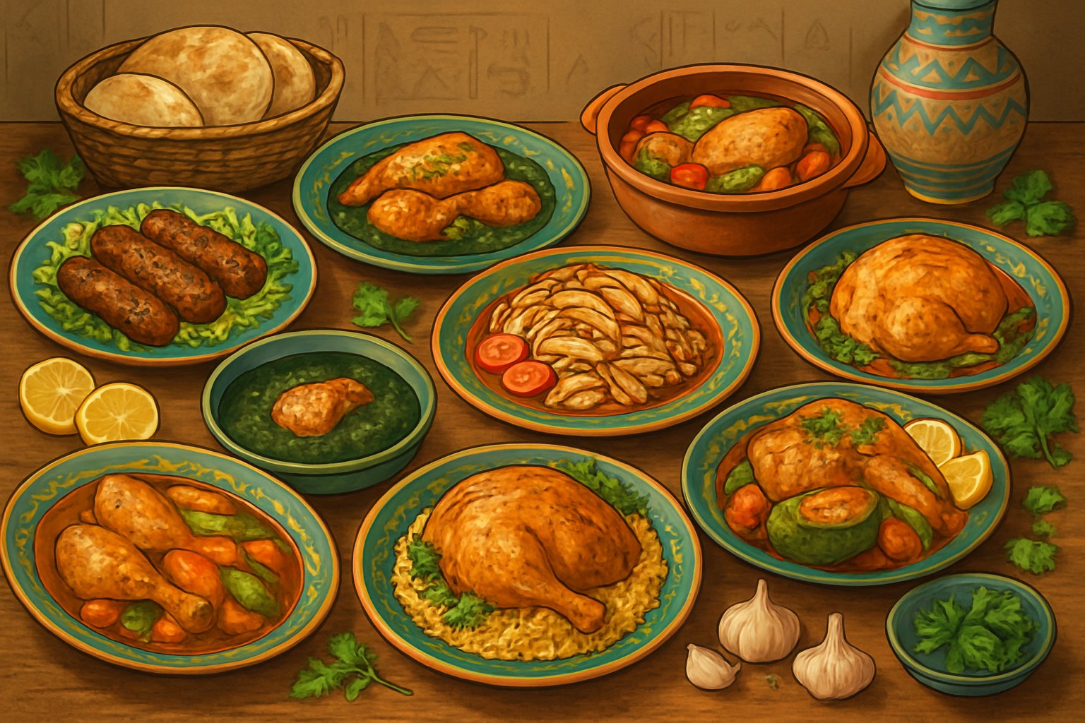 A table filled with ten different traditional Egyptian chicken dishes, surrounded by herbs, bread, and cultural decorations.