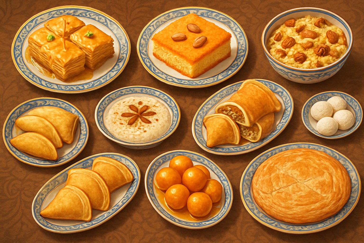 A top-down view of ten traditional Egyptian desserts arranged on a wooden table with decorative plates, featuring various pastries, cakes, and sweets.