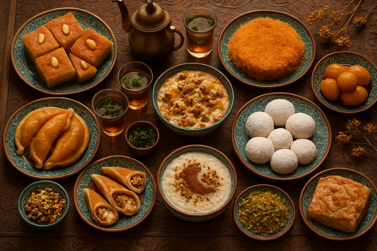 A table displaying ten traditional Egyptian desserts arranged on decorative plates with a brass teapot and cups of mint tea nearby.