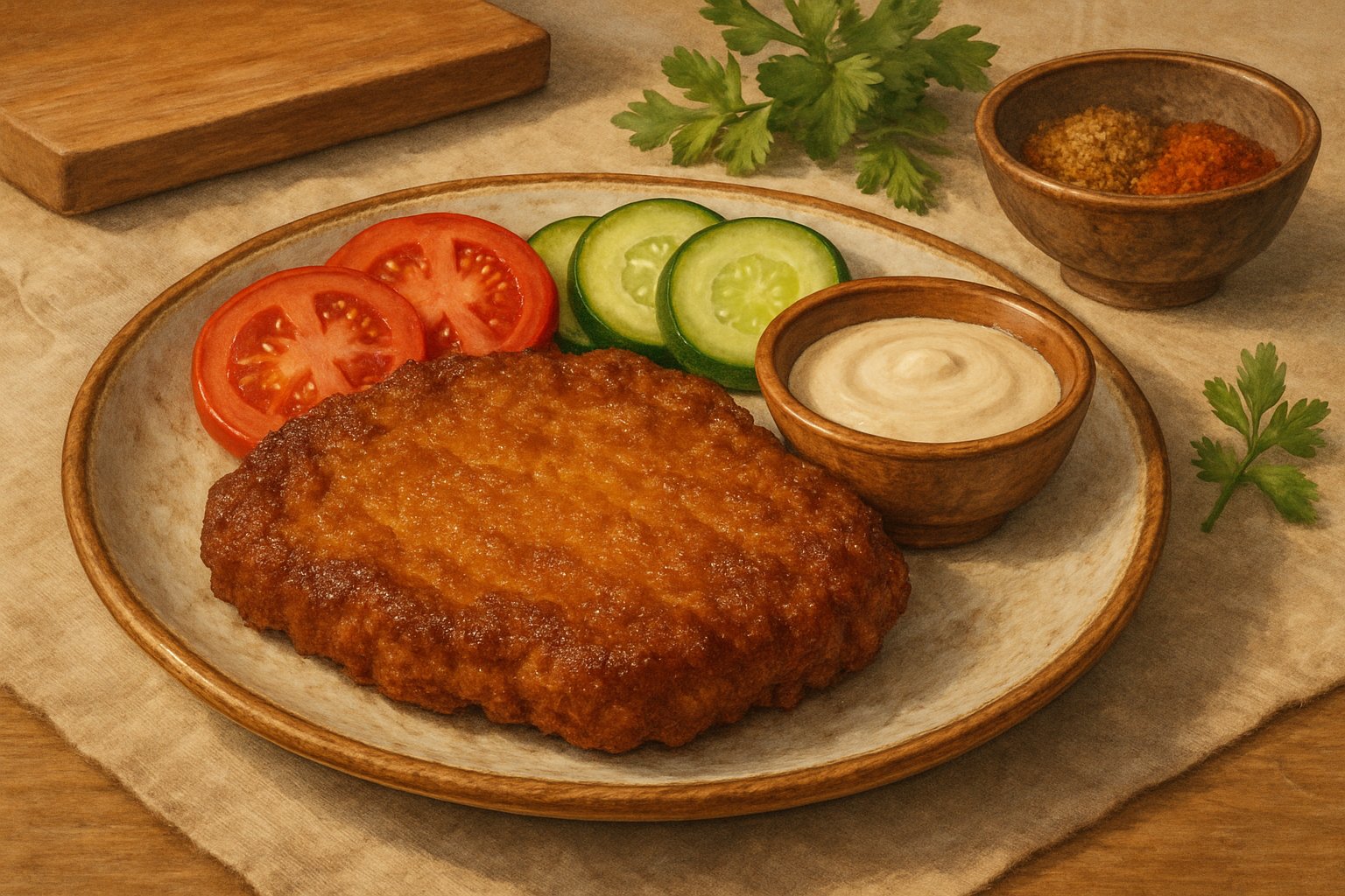 A plate with a golden fried steak surrounded by fresh tomato and cucumber slices, a small bowl of sauce, and garnished with herbs on a wooden surface.