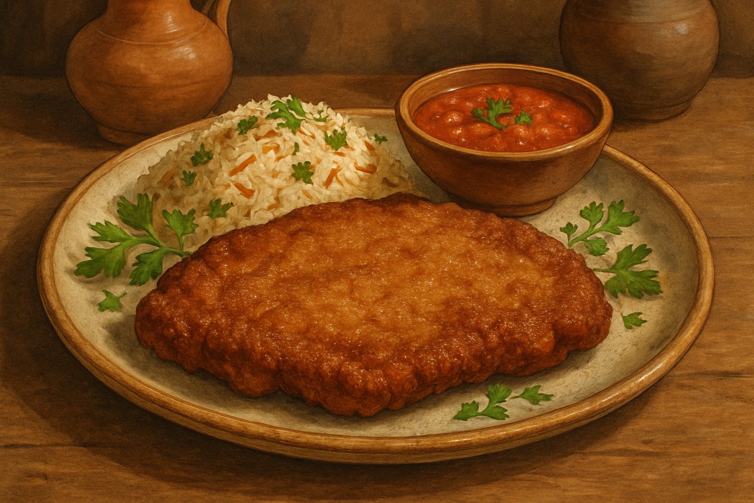 A plate with a golden fried steak garnished with herbs, served with rice and a bowl of tomato sauce on a wooden table.