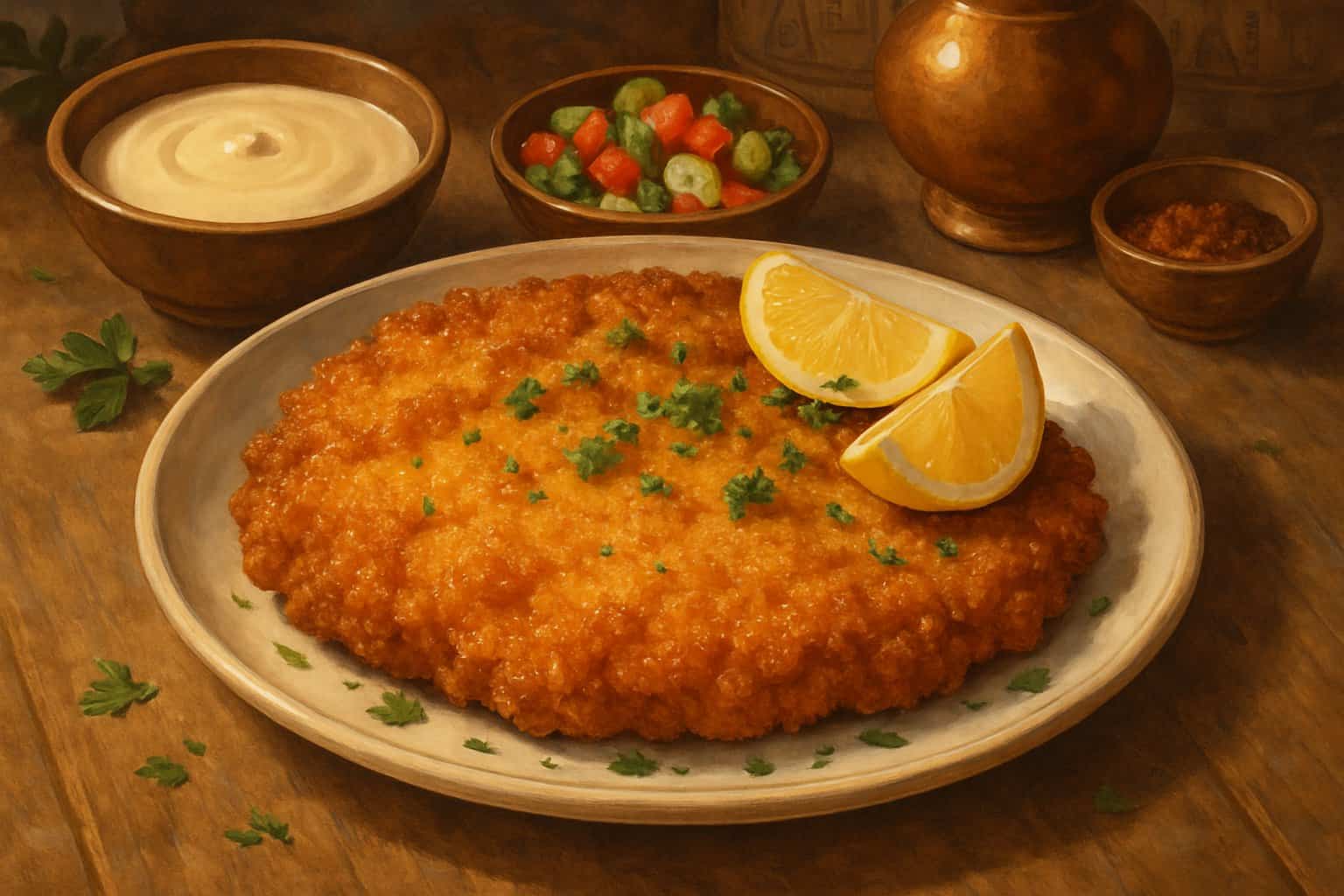A plate with a crispy breaded chicken cutlet garnished with lemon wedges and parsley, accompanied by a fresh salad and tahini sauce on a wooden table.
