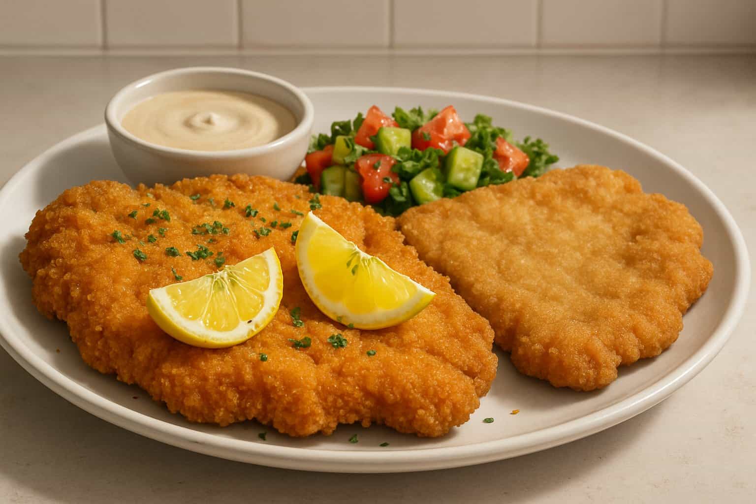 A plated serving of crispy golden Chicken Pane with lemon wedges and herbs next to a schnitzel, accompanied by tahini sauce and fresh salad on a neutral kitchen background.