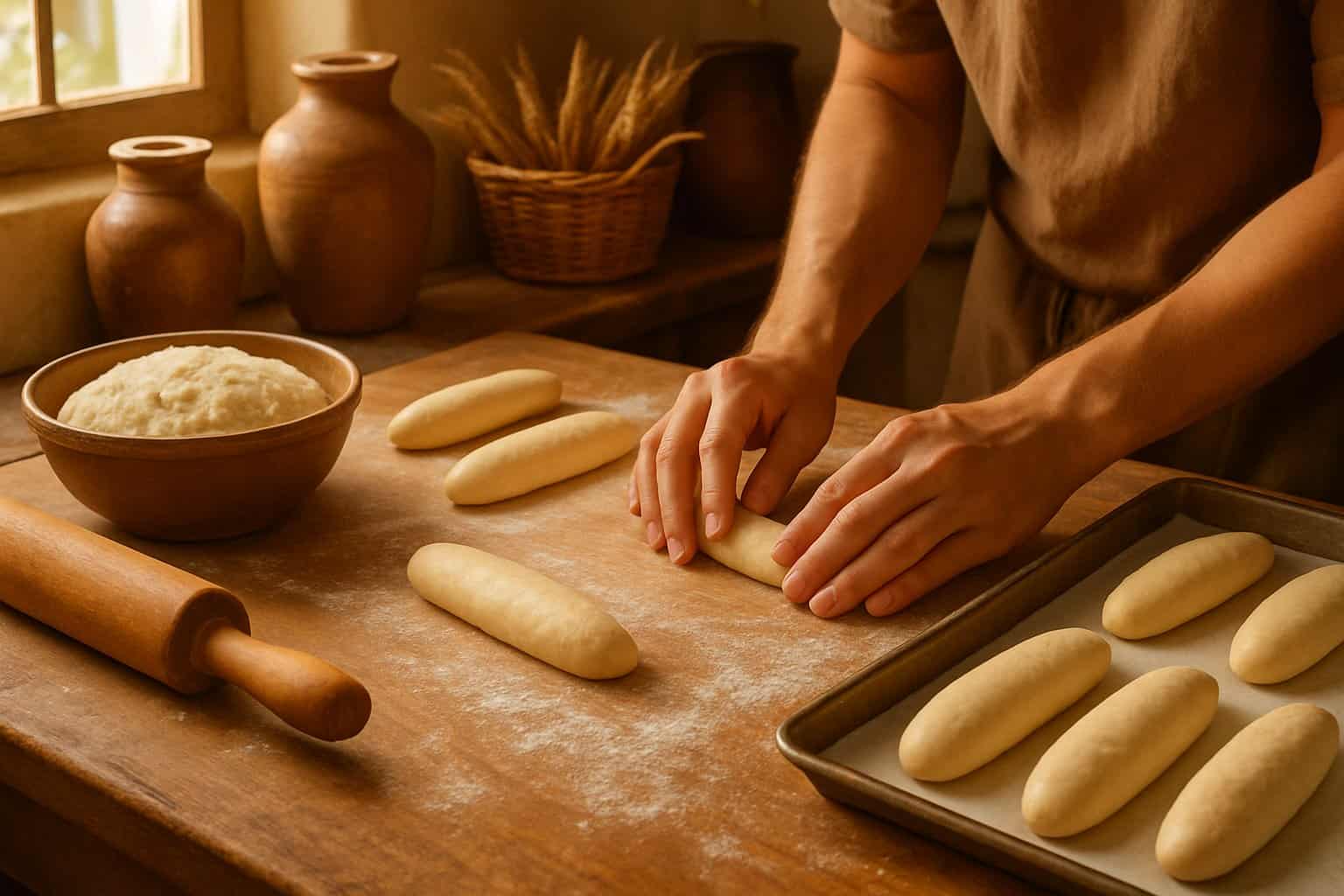 Hands shaping soft elongated dough rolls on a wooden countertop in a cozy kitchen with baking tools and a tray of prepared bread rolls.