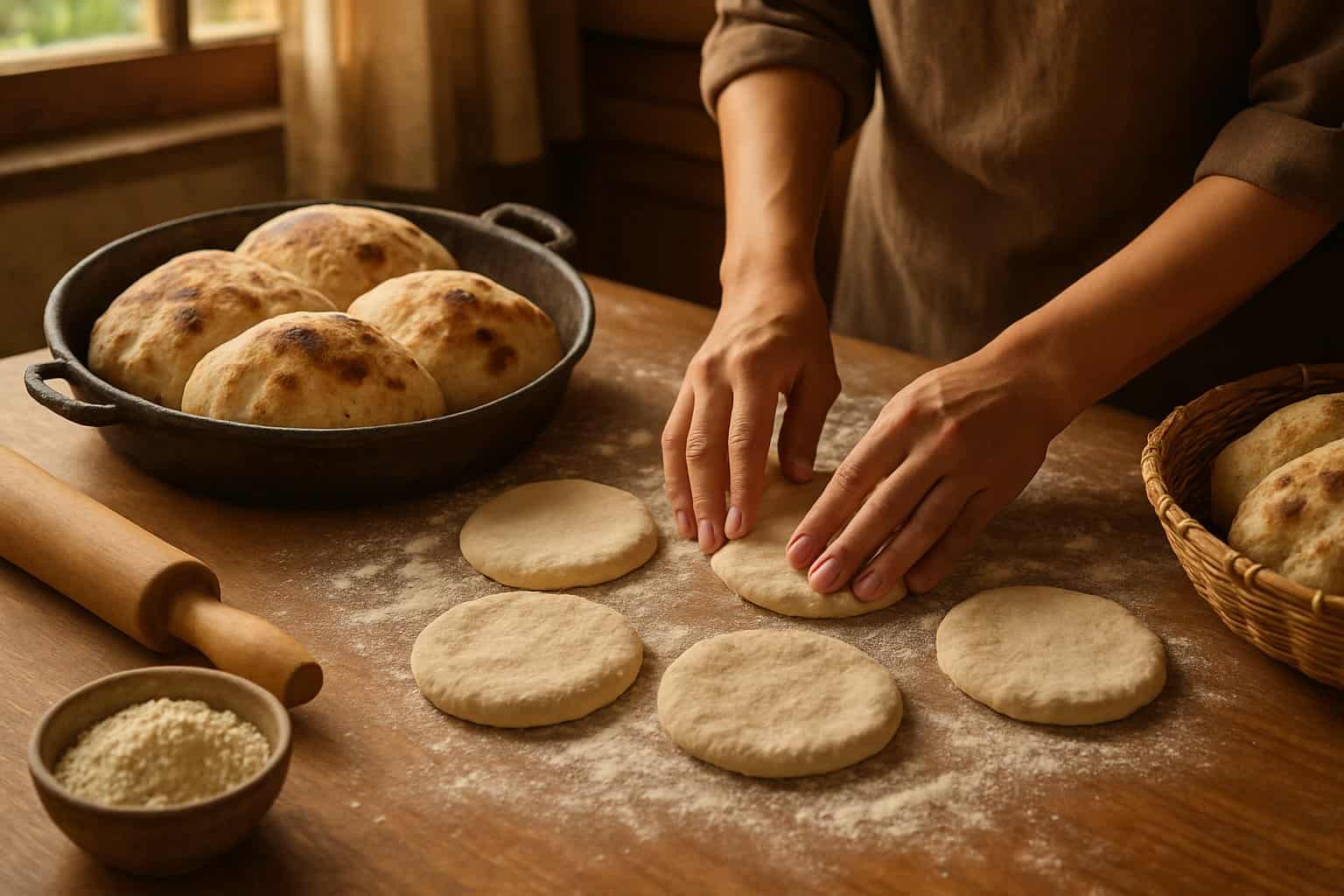 Hands shaping round flatbread dough on a wooden surface with freshly baked Baladi bread and baking tools nearby in a kitchen.