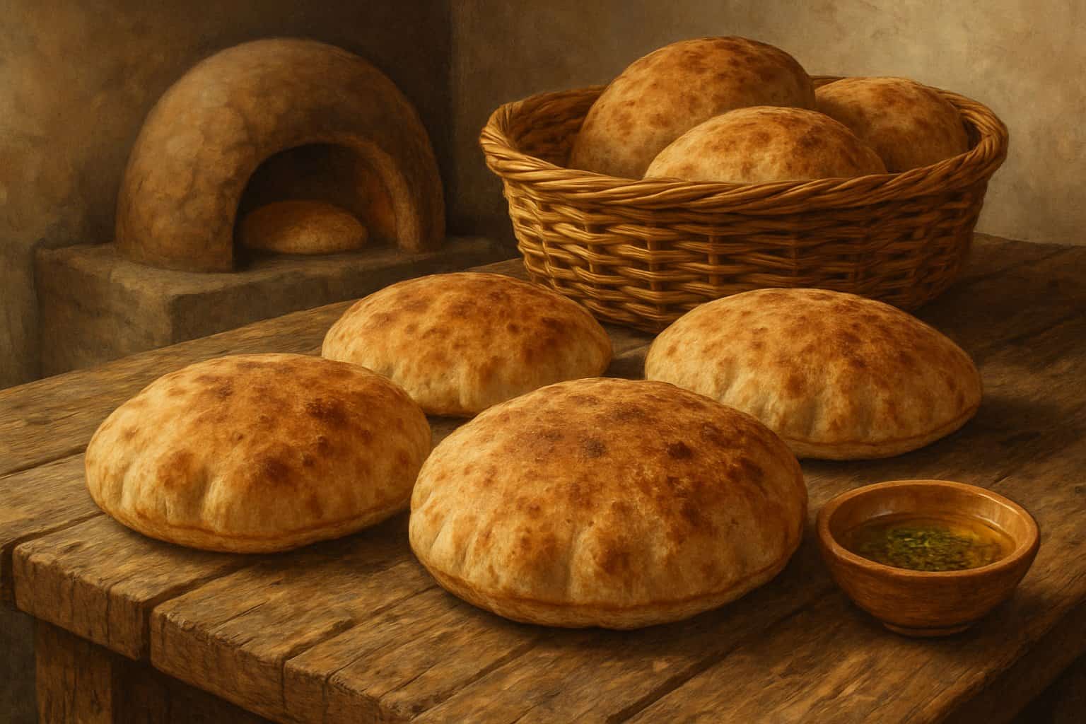 Several round pieces of Egyptian Baladi bread on a wooden table with a clay oven and a basket of bread in the background.