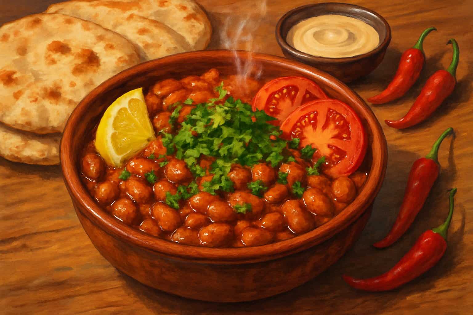 A bowl of spicy fava bean stew garnished with parsley and tomatoes, served with flatbread and lemon on a wooden table.