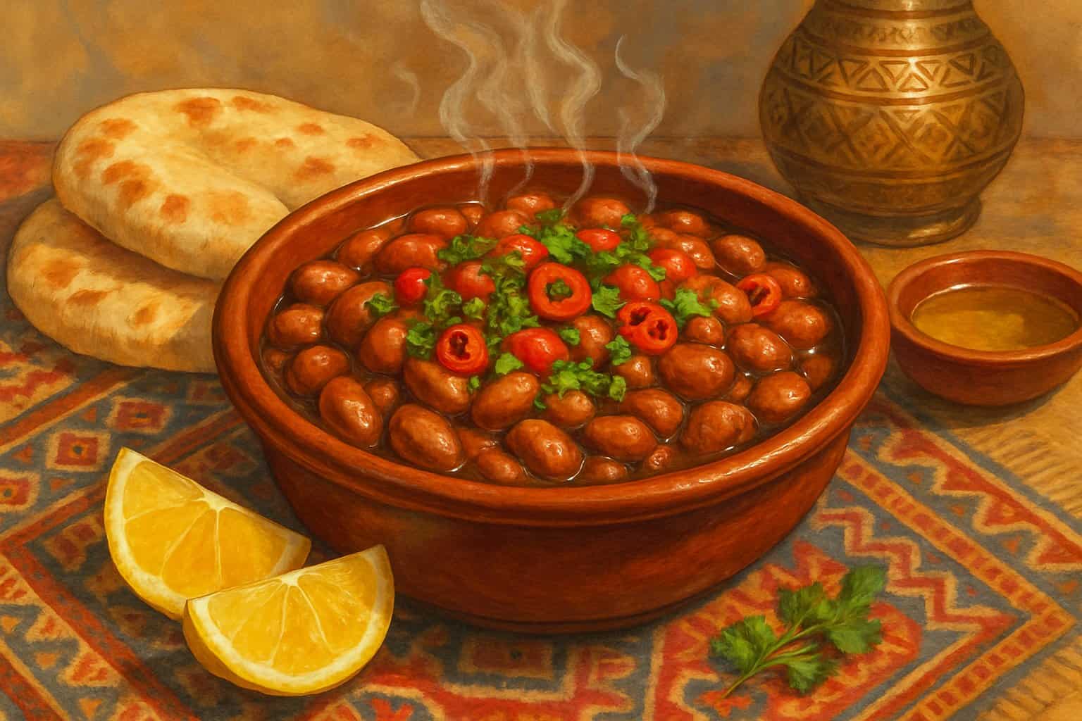 A bowl of spicy fava beans with fresh herbs and chili peppers, surrounded by pita bread and lemon wedges on a patterned tablecloth.