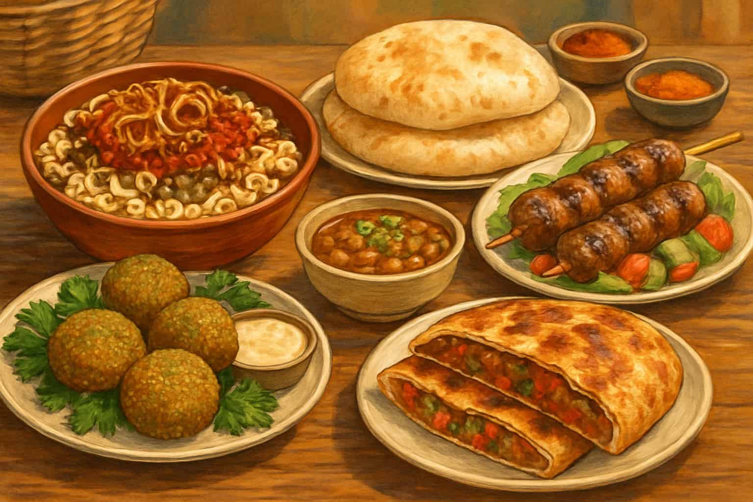 A table displaying five traditional Egyptian street foods including koshari, falafel, flatbread with beans, grilled kofta, and stuffed bread, surrounded by spices and fresh ingredients.