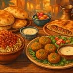 A table displaying five traditional Egyptian street foods including koshari, falafel, flatbread with beans, grilled kofta, and stuffed bread, surrounded by spices and fresh ingredients.