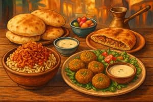 A table displaying five traditional Egyptian street foods including koshari, falafel, flatbread with beans, grilled kofta, and stuffed bread, surrounded by spices and fresh ingredients.